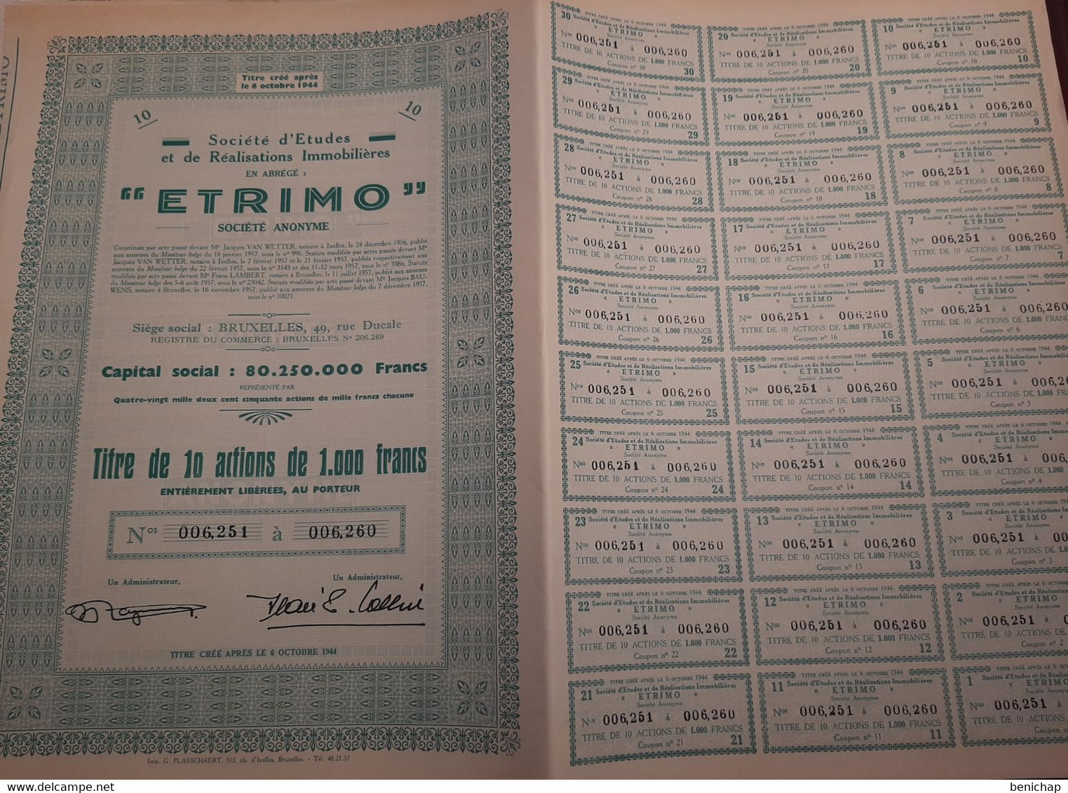 Etrimo - Société D'Etudes Et De Réalisations Immobilières S.A. - Titre De 10 Actions De 1000 Frs.- Bruxelles 1957. - Banque & Assurance