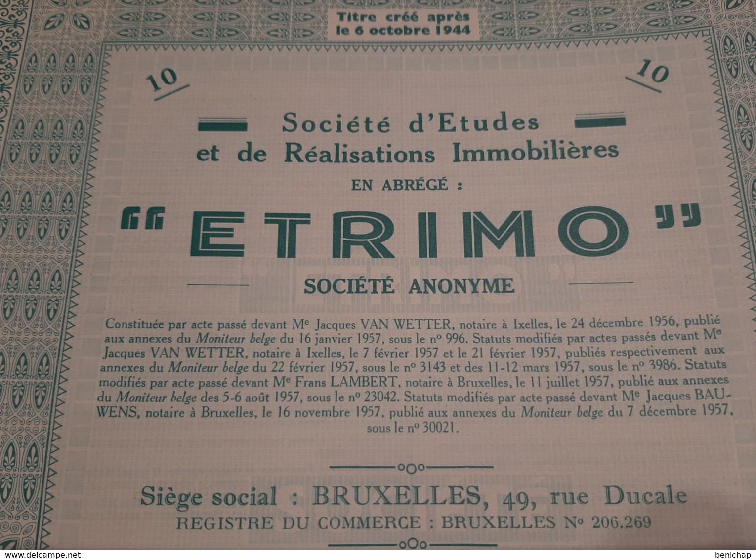 Etrimo - Société D'Etudes Et De Réalisations Immobilières S.A. - Titre De 10 Actions De 1000 Frs.- Bruxelles 1957. - Banque & Assurance