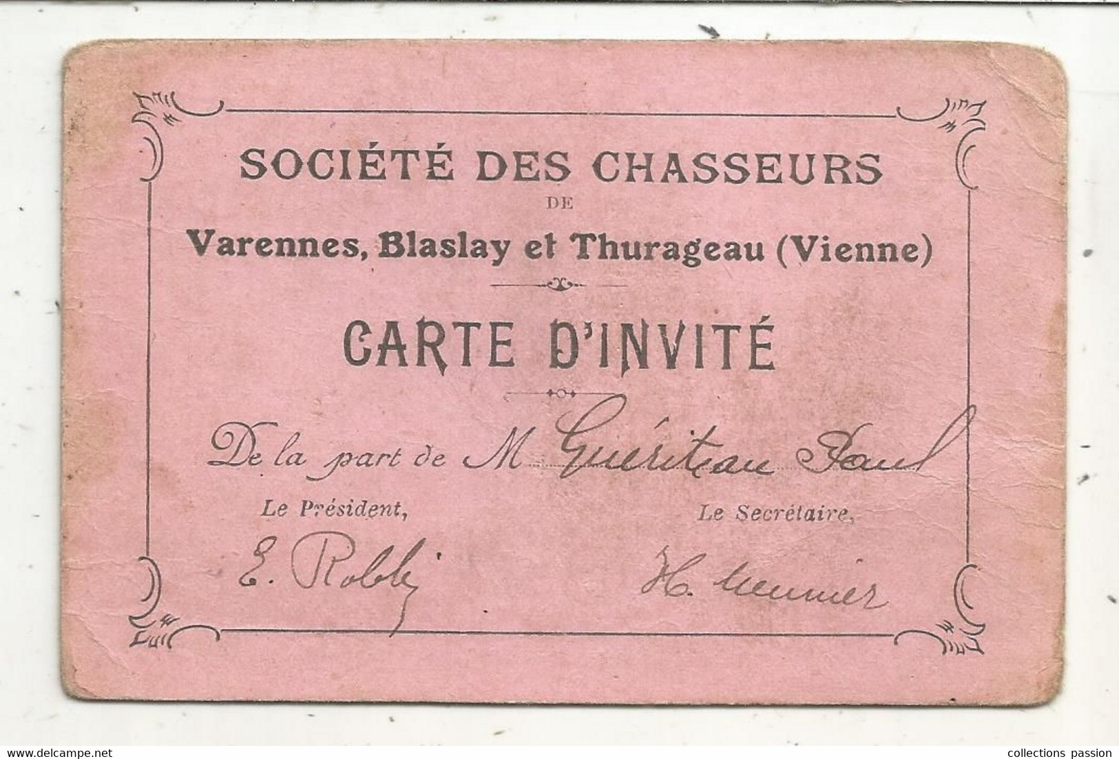 Carte D'invité, Société Des Chasseurs De Varennes, Blaslay Et Thurageau,  Vienne - Tessere Associative