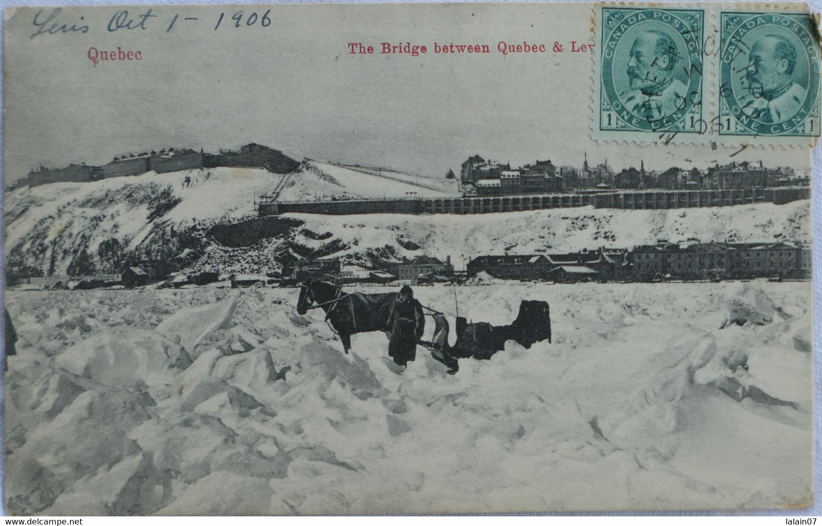 C. P. A. : Canada : QUEBEC : The Bridge Between Quebec & Levis, Cheval Et Traineau Dans La Glace, Timbre En 1908 - Levis