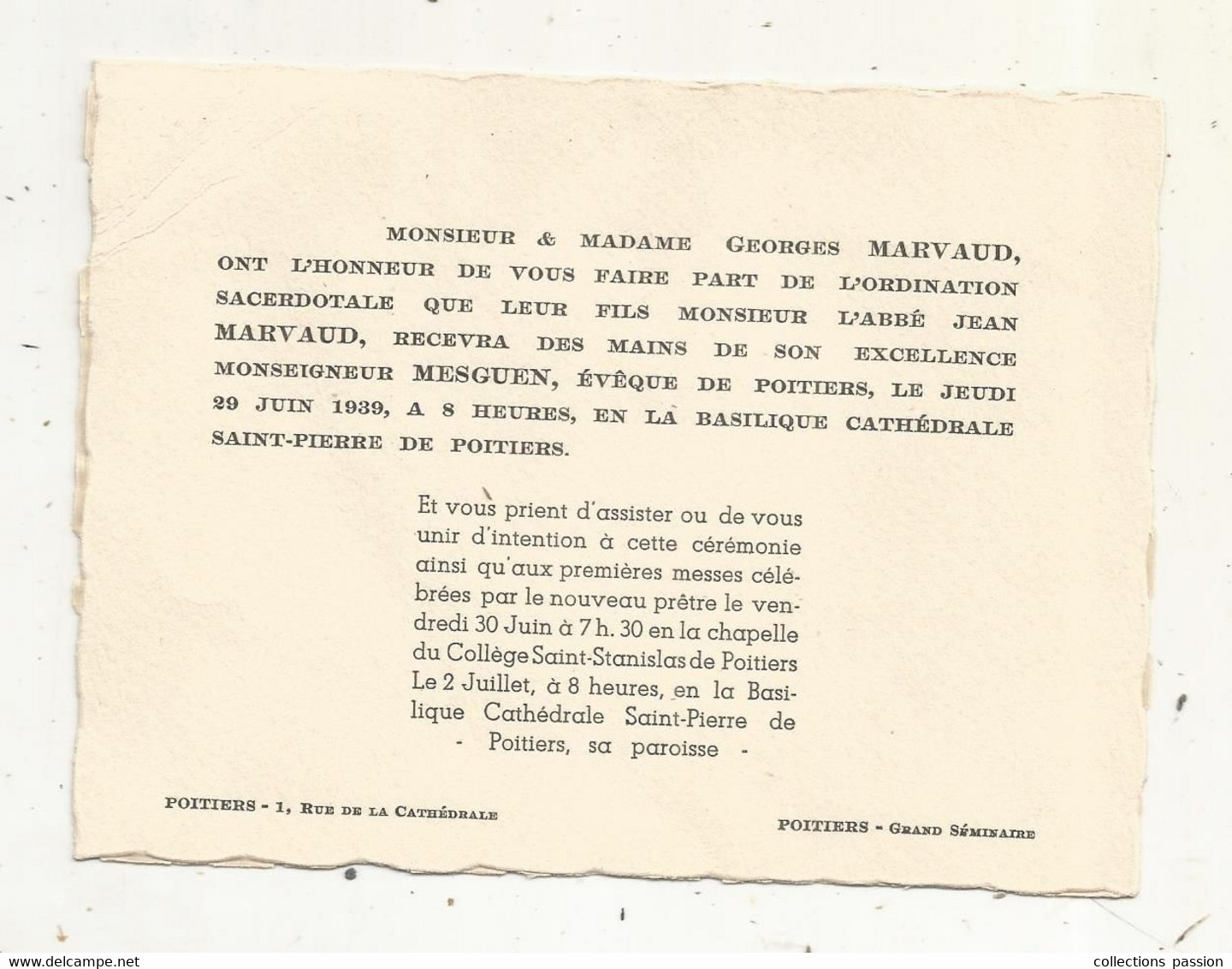 Faire-part De L'ordination Sacerdotale , Abbé Jean Marvaud , En La Basilique Cathédrale Saint Pierre De Poitiers, 1939 - Other & Unclassified