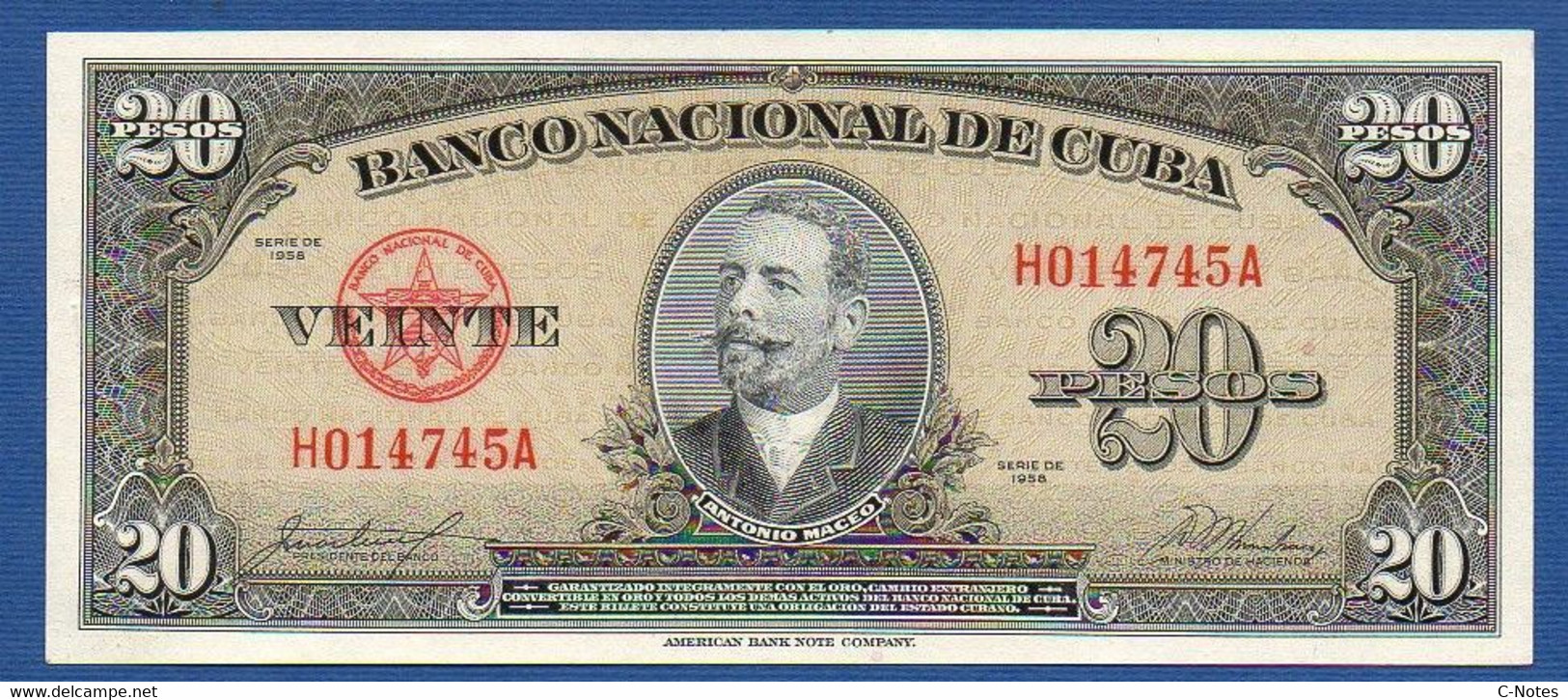 CUBA - P. 80b – 20 Pesos 1958 UNC-, Serie H014745A - Cuba