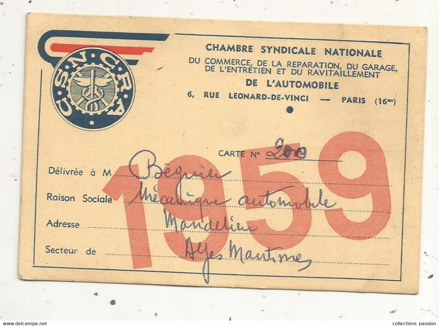 Carte De Membre,Chambre Syndicale Nle. Du Commerce De La Réparation,du Garage,de L'entretien Et Du Ravitaillement, 1959 - Mitgliedskarten