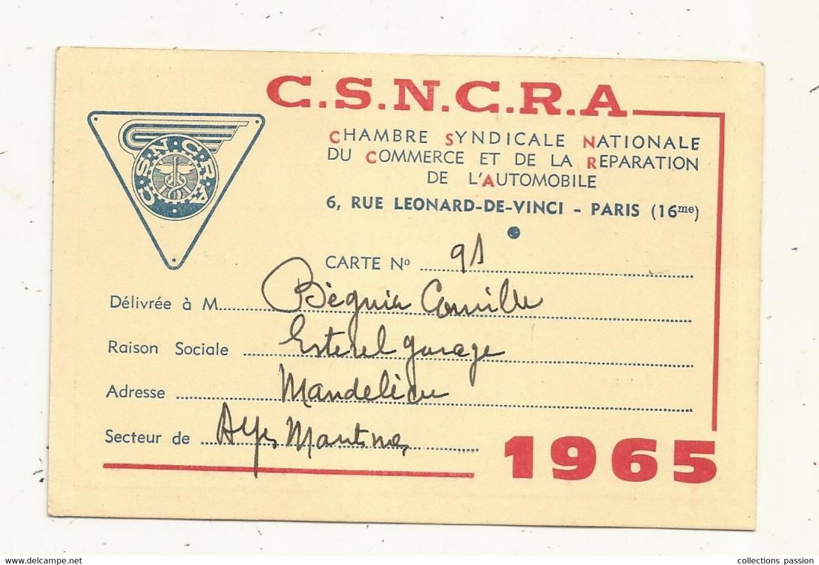 Carte De Membre,Chambre Syndicale Nle. Du Commerce De La Réparation,du Garage,de L'entretien Et Du Ravitaillement, 1961 - Cartes De Membre