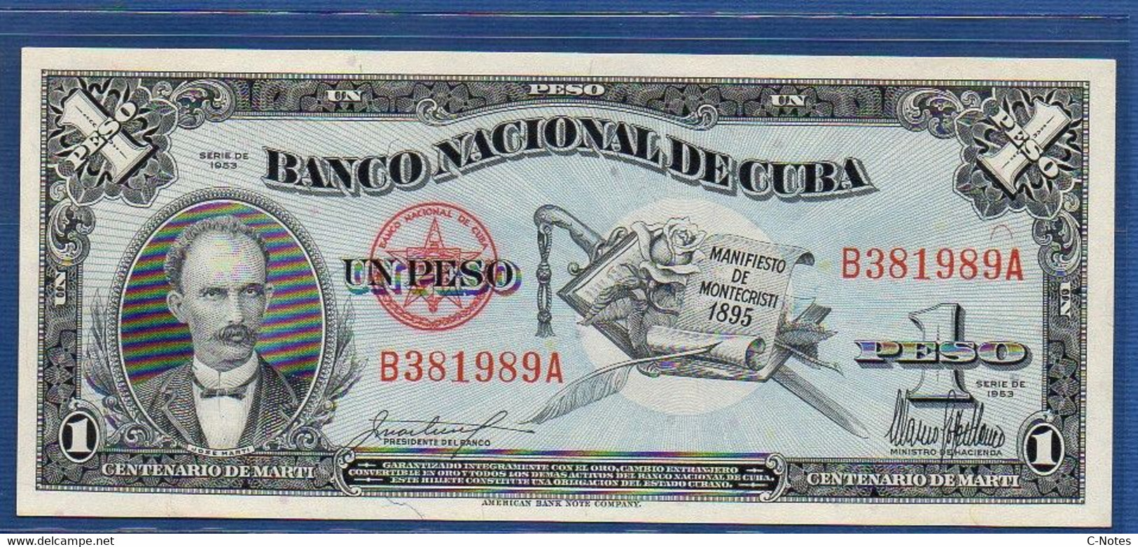 CUBA - P. 86 – 1 Peso 1953 UNC-, Serie B381989A  "Centennial Birth Of José Martí" Commemorative Issue - Cuba