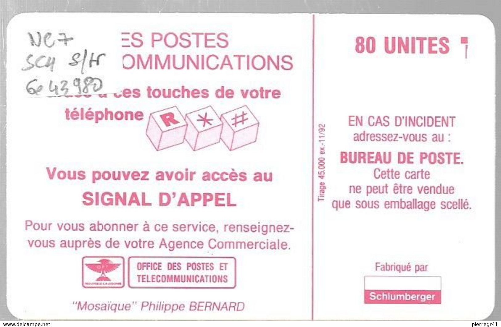 CARTE-PUCE-NOUVELLE-CALEDONIE-80U-NC7 -SC4-11/92-MOZAIQUE-V° N°Ge 43980-UTIL ISEE-TBE- - Nouvelle-Calédonie