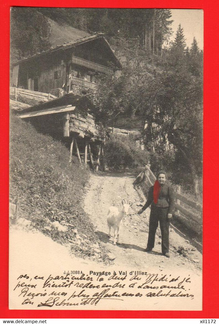 DAJ-41  Paysage à Val D'Illiez  Jeune Femme à Foulard Rouge Et Sa Chèvre.  Circulé 1907 Jullien 3088A - Val-d'Illiez 