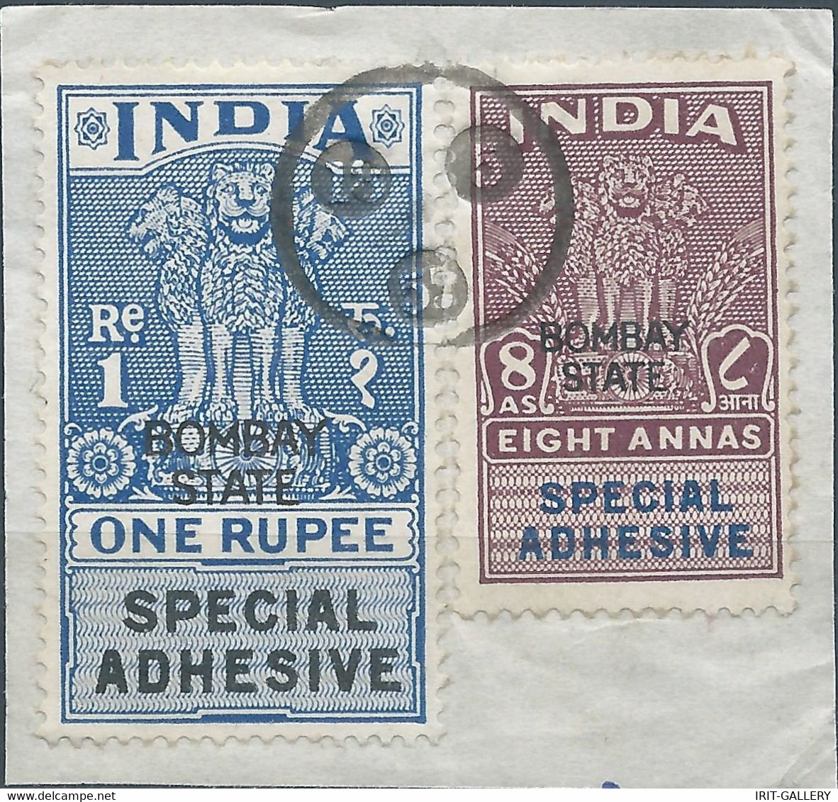 INDIA,INDIE Bombay State,Revenue Stamps TAX FISCAL.Special Adhesive,1 Rupee & 8 Annas,Obliterated On Paper - Other & Unclassified