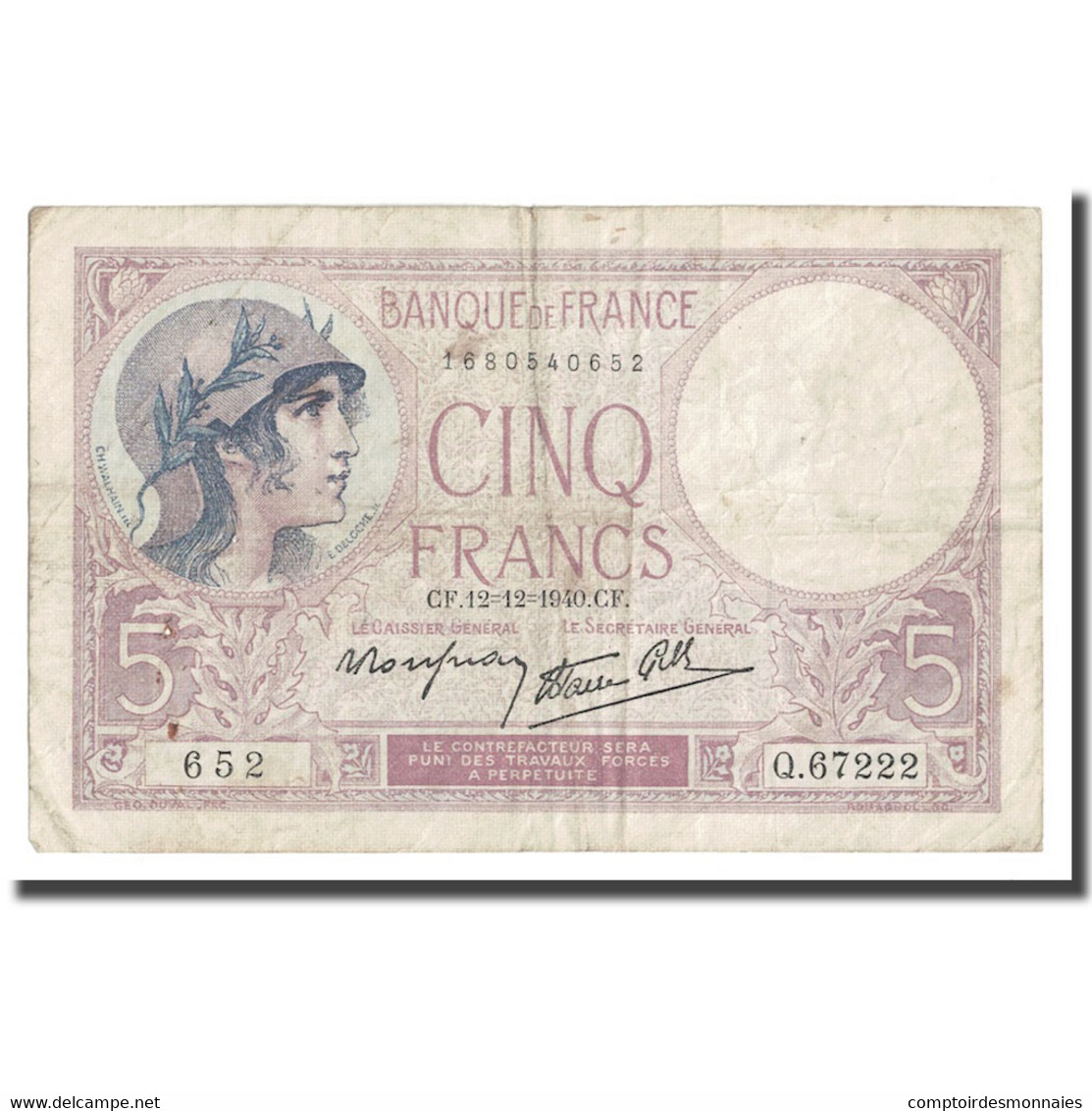 France, 5 Francs, Violet, 1940, 1940-12-12, TB, Fayette:4.17, KM:83 - 5 F 1917-1940 ''Violet''