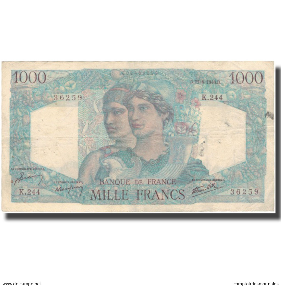 France, 1000 Francs, 1 000 F 1945-1950 ''Minerve Et Hercule'', 1946, 1946-04-25 - 1 000 F 1945-1950 ''Minerve Et Hercule''