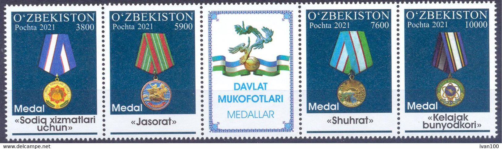 2021. Uzbekistan, Medals Of Uzbekistan, 4v + Label, Mint/** - Ouzbékistan