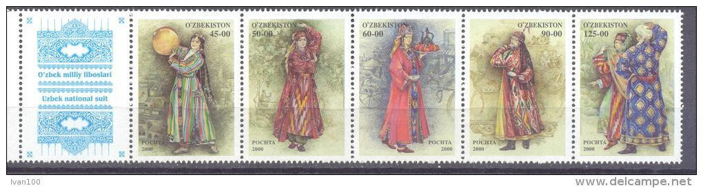 2001. Uzbekistan, National Costumes, 5v + Label In Strip, Mint/** - Uzbekistán