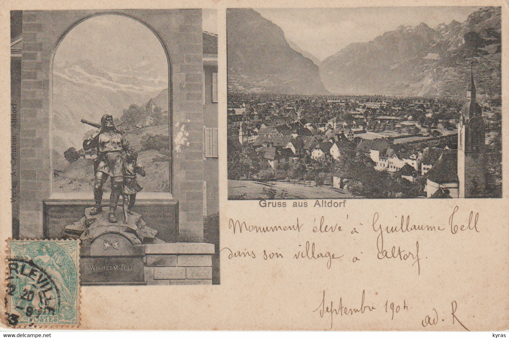 SUISSE. Gruss Aus ALTDORF. Double Vue :  1/ Statue De Wilhelm Tell (Guillaume TELL) 2/ Vue Générale - Altdorf