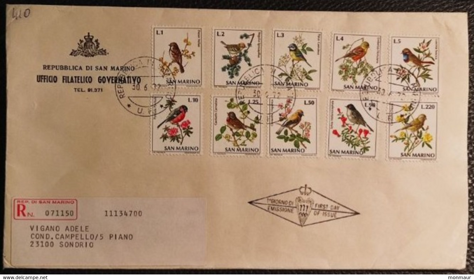 SAN MARINO 1972 RACCOMANDATA FDC FAUNA AVICOLA - Usados