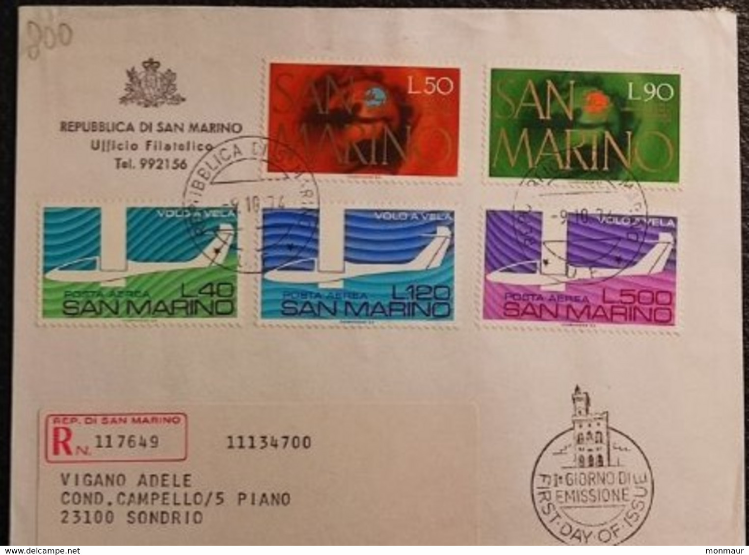 SAN MARINO 1974 RACCOMANDATA FDC UPU+VOLO A VELA - Usati