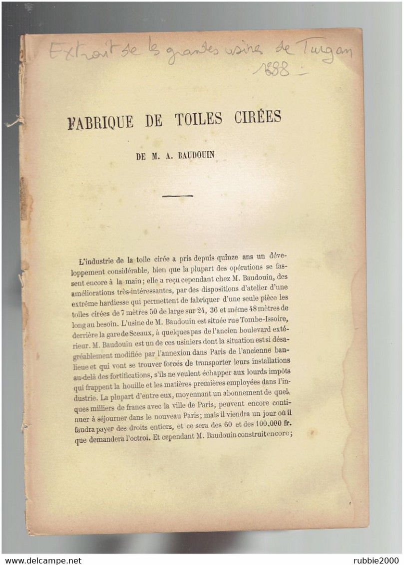 1888 LA FABRIQUE DE TOILES CIREES DE M. A. BAUDOUIN RUE DE LA TOMBE ISSOIRE A PARIS 14° - Paris