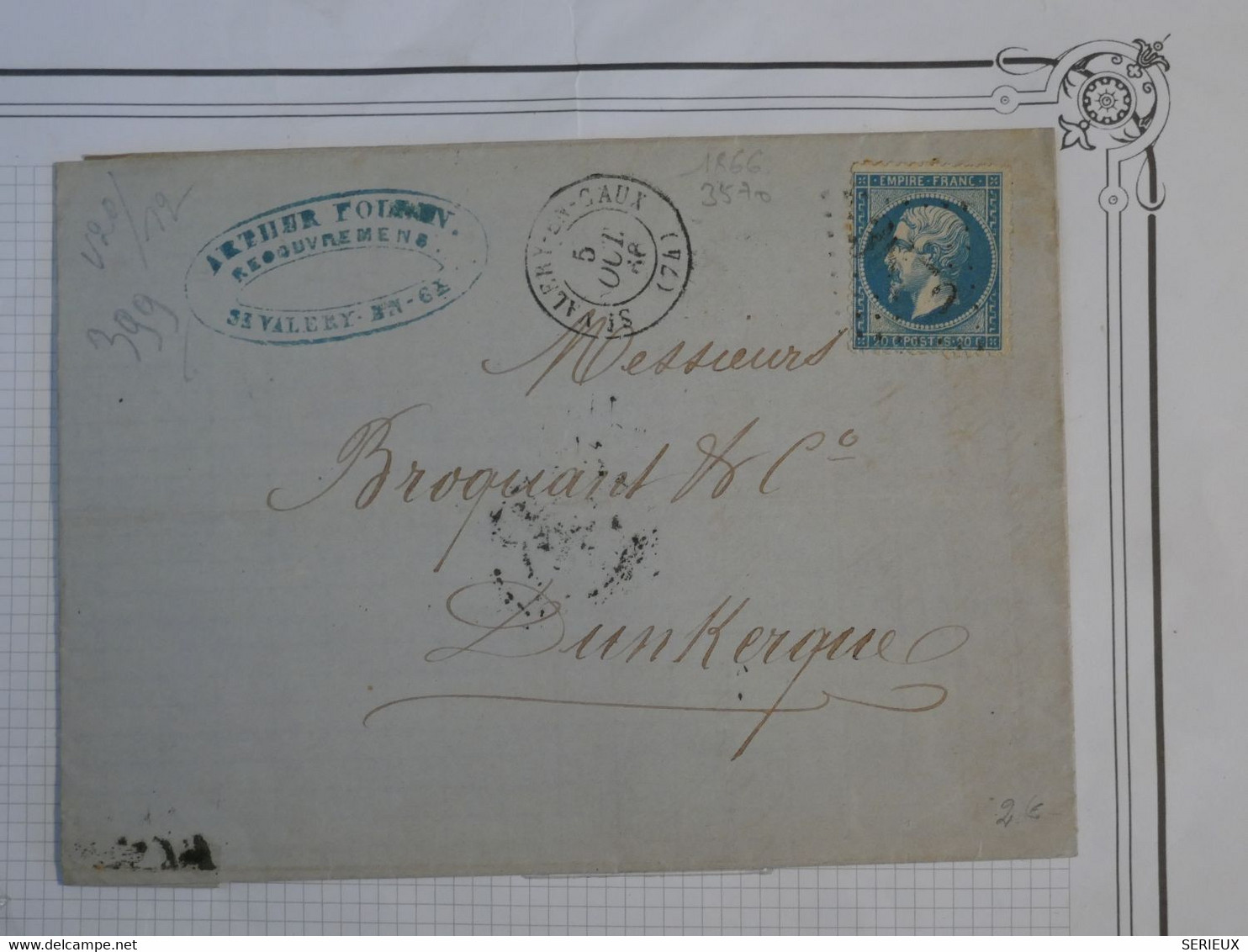 BO11 FRANCE BELLE  LETTRE RRR 1866 ST VALERY A DUNKERQUE   +N°22  + C. PERLé + AFFRANCH.INTERESSANT++ - 1862 Napoléon III.