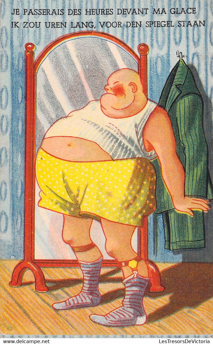 HUMOUR - Je Passerais Des Heures Devant Ma Glace - Obésité - Chaussettes Rayées - Chauve - Carte Poste Ancienne - Humour