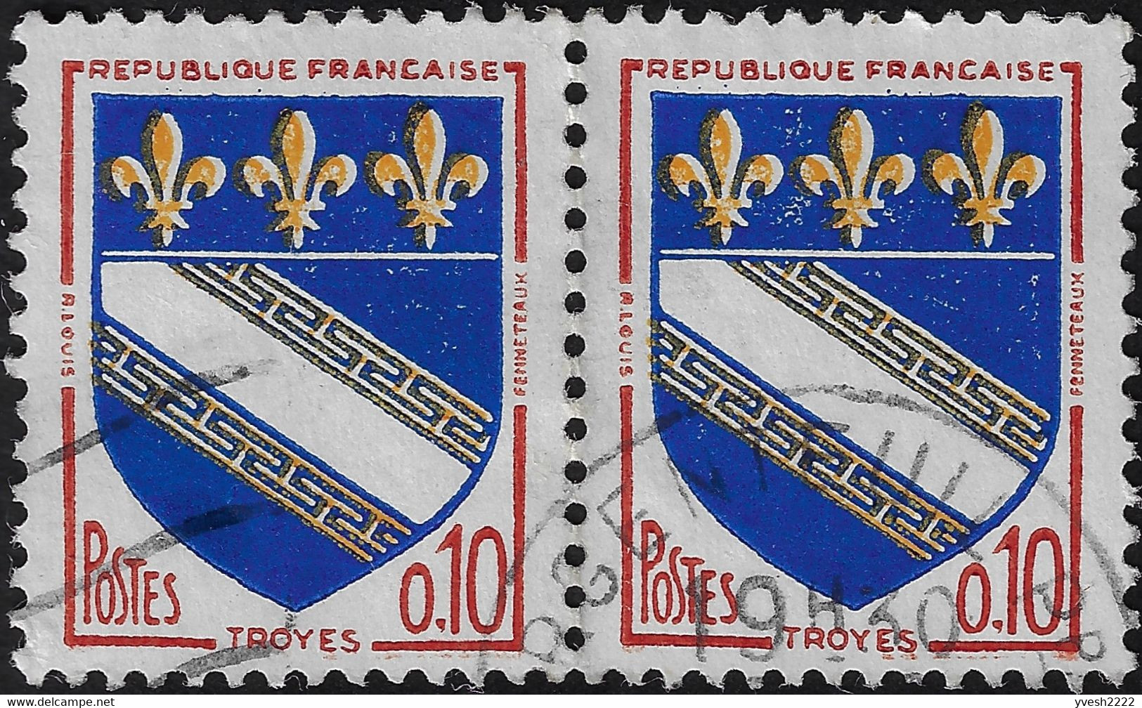 France 1962 Y&T 1353 et 1353b. Inscriptions en brun et rouge, jaune clair et foncé, jaune déplacé, bleu et bleu-noir