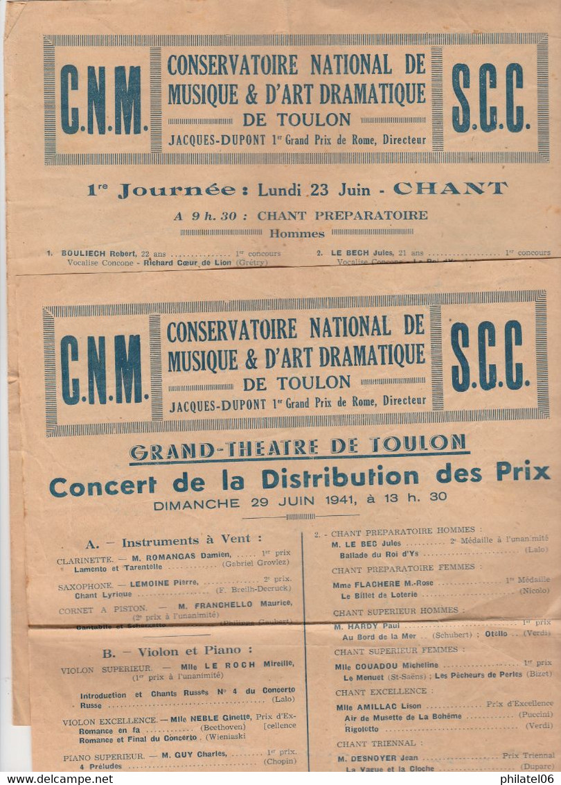 2 PROGRAMMES CONSERVATOIRE DE MUSIQUE ET D'ART CONTEMPORAIN DE TOULON  1941   5 PAGES AU TOTAL - Programme