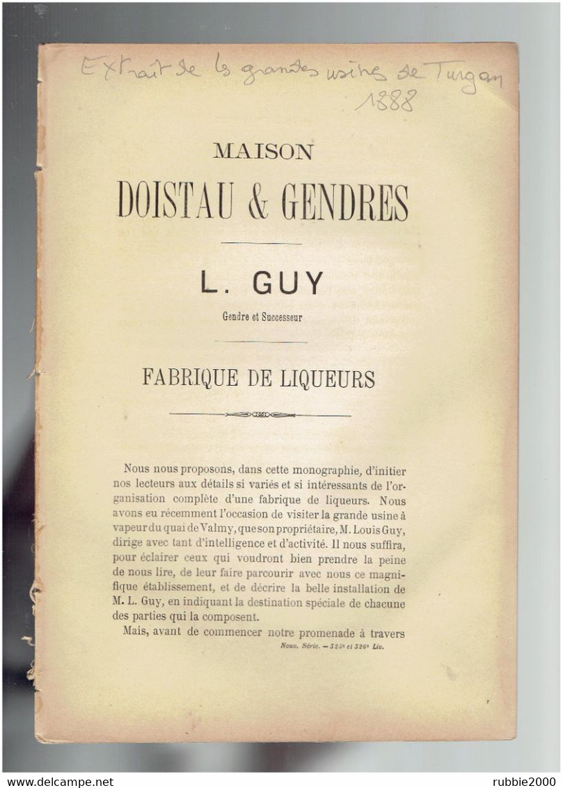 1888 MAISON DOISTAU ET GENDRES FABRIQUE DE LIQUEURS L. GUY SUCCESSEUR QUAI DE VALMY A PARIS 10° ET ENTREPOTS DE BERCY - Parigi