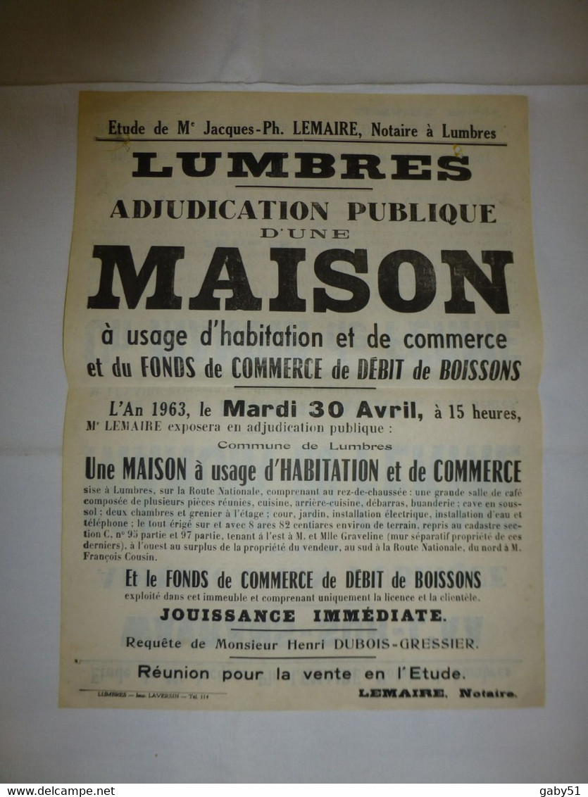 62 Wavrans-sur-l'Aa, 1963, Vente D'un Manoir, Et LUMBRES, Vente D'un Café, Affiche Ancienne ORIGINALE, Ref 1401  ; A 31 - Afiches