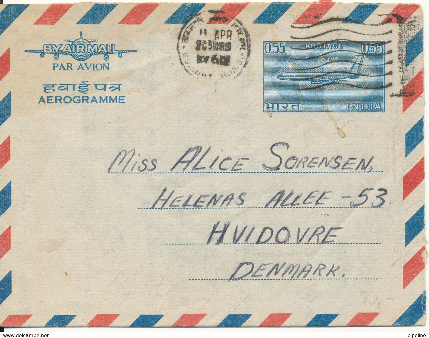 India Aerogramme Sent To Denmark 11-4-1966 - Corréo Aéreo