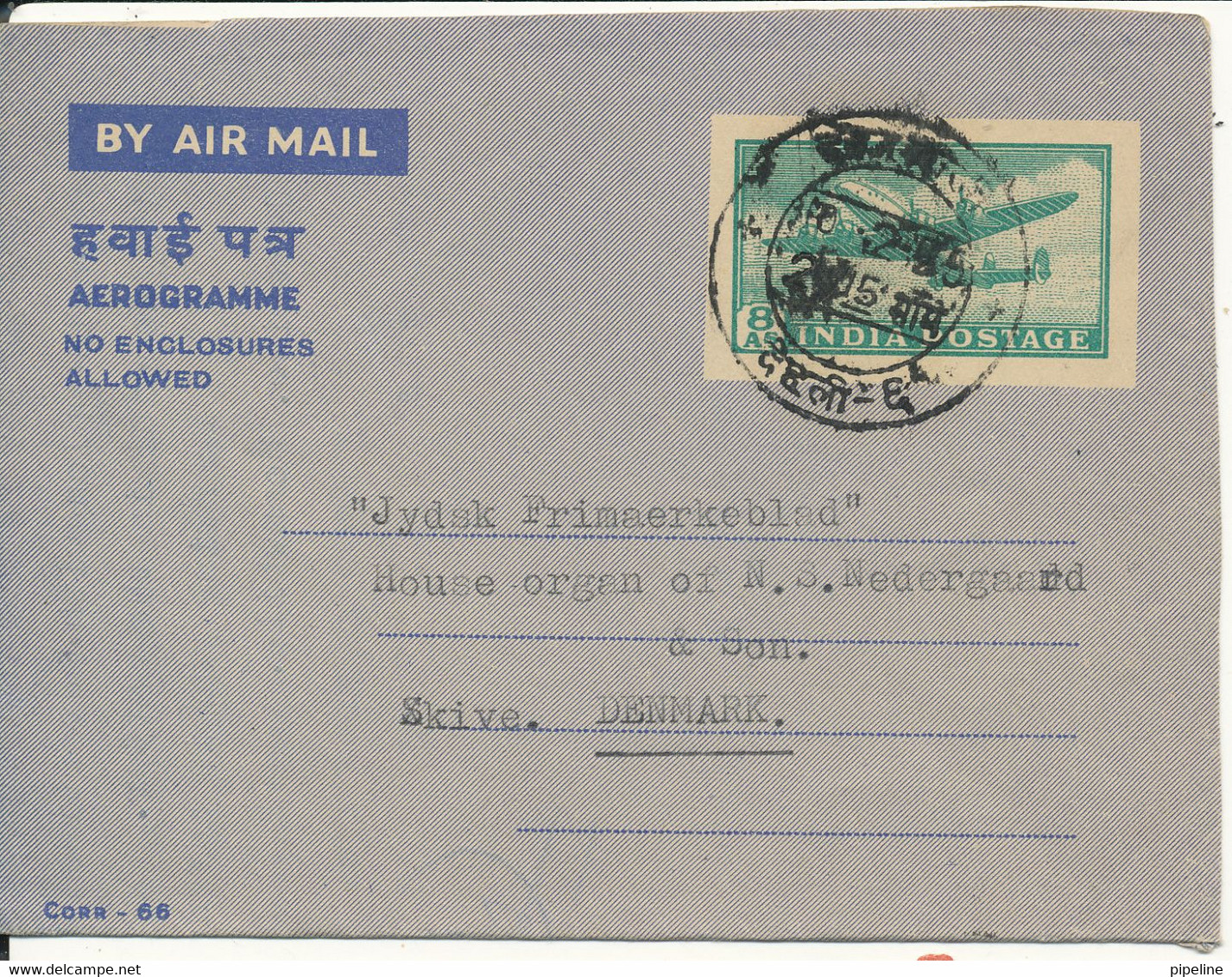 India Aerogramme Sent To Denmark 10-2-1955 - Poste Aérienne