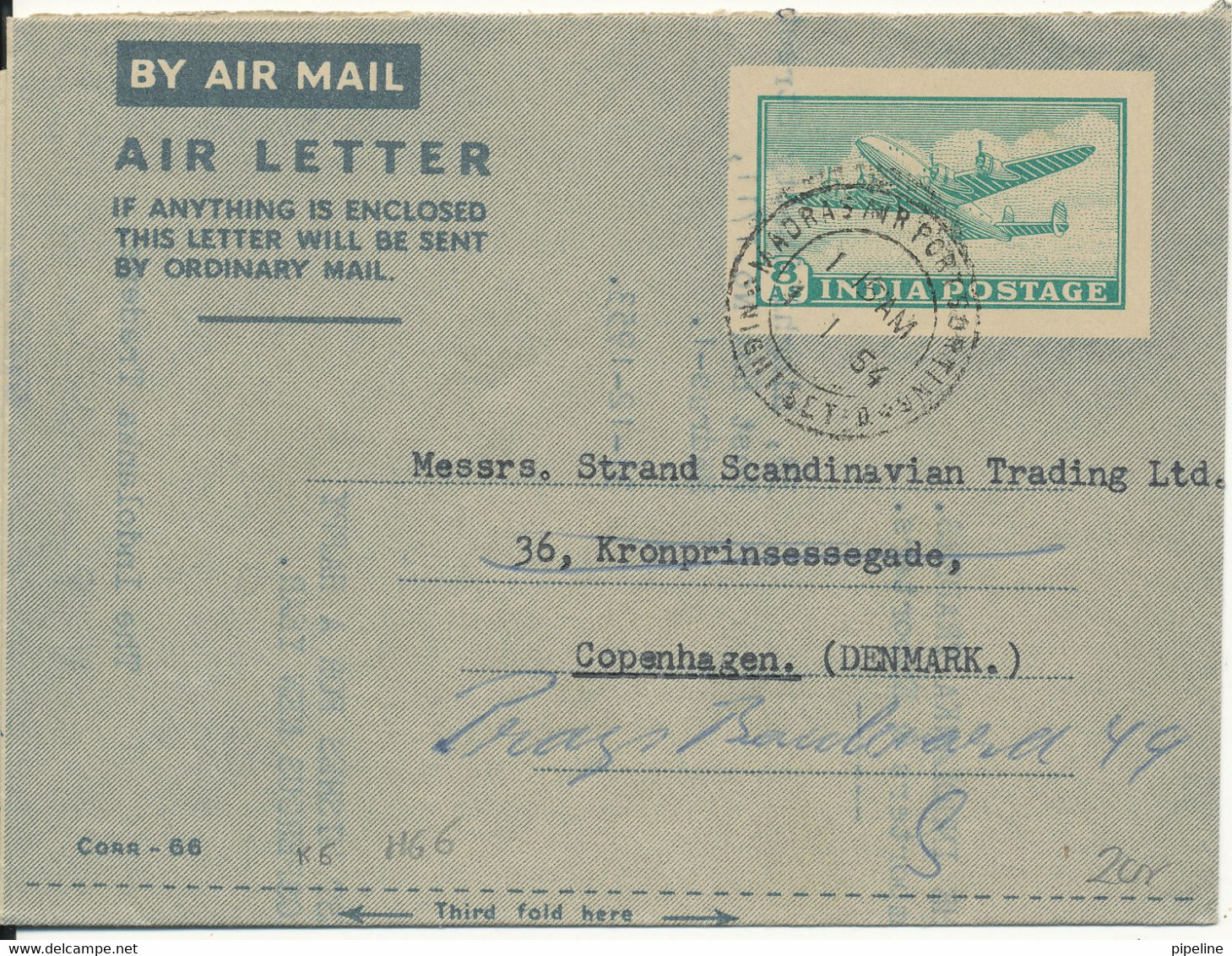 India Aerogramme Sent To Denmark 1-1-1954 - Luftpost