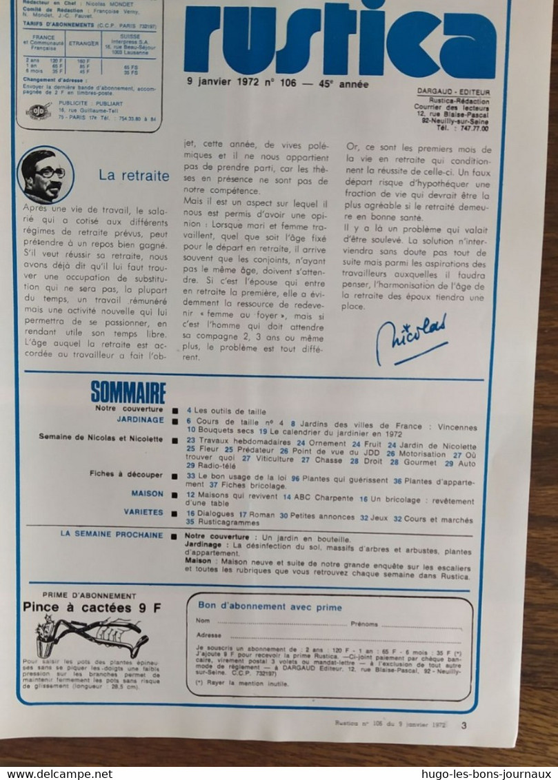 Rustica_N°106_9 Janvier 1972_Les Outils De Taille_ Le Calendrier Jardinier - Jardinería