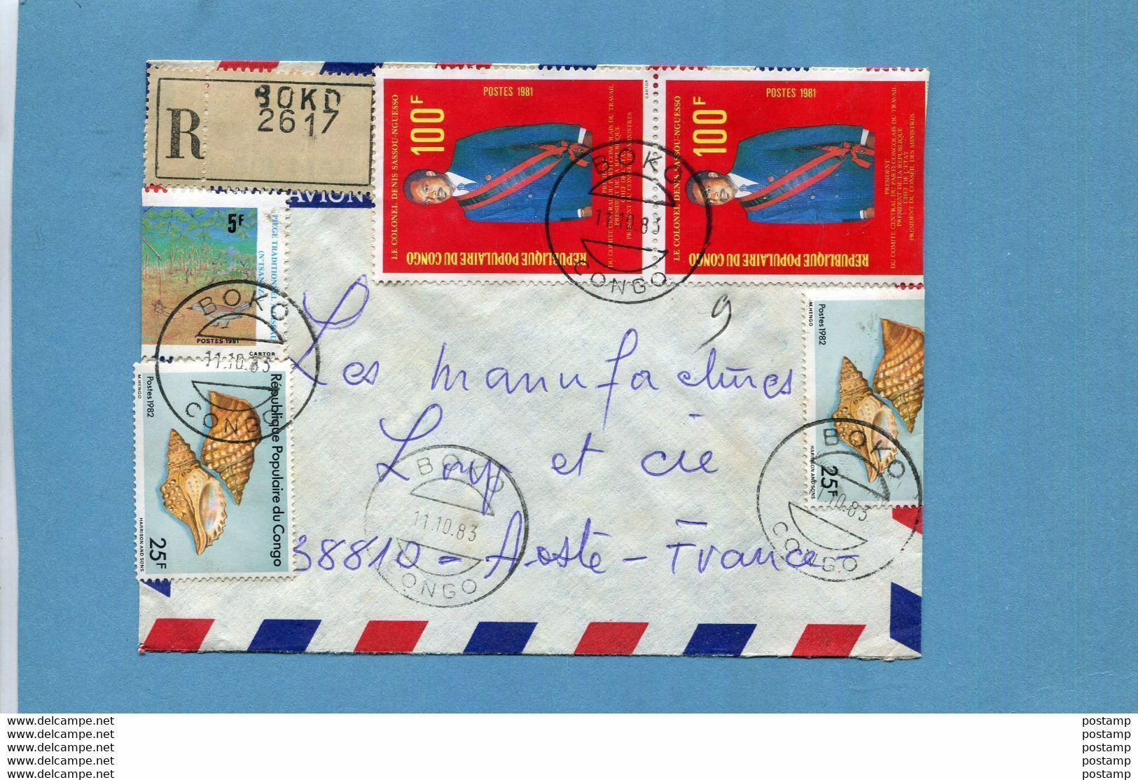 MARCOPHILIE-lettre REC RARE-Congo->Françe -cad  BOKO-1983  -5 Stamps Dont 2 N° 683c  Coquillage - Autres & Non Classés