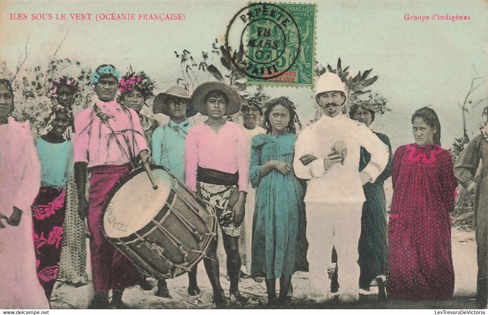 Polinésie - Iles Sous Le Vent - Groupe D'indigène - Colorisé - Oblitéré Papeete 1907 - Carte Postale Ancienne - Französisch-Polynesien