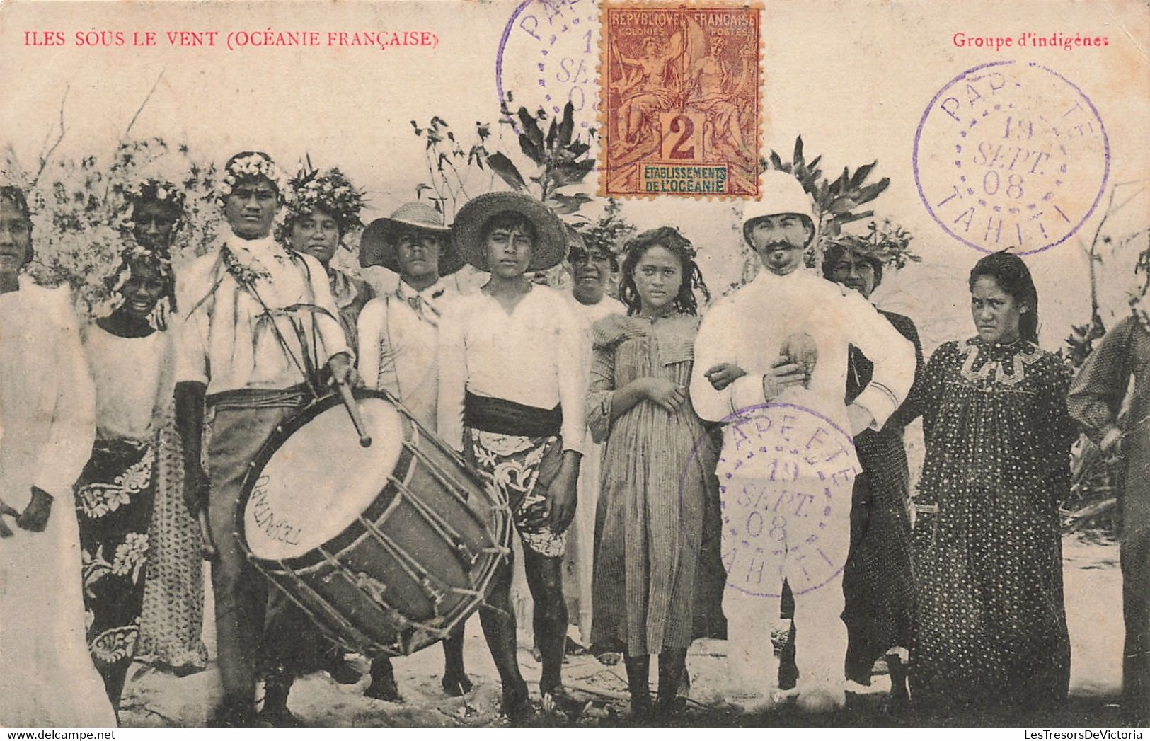 Polynésie Française - Iles Sous Le Vent Groupe D'indigènes - Oblitéré Papeete 1905 - Tambour - Carte Postale Ancienne - French Polynesia