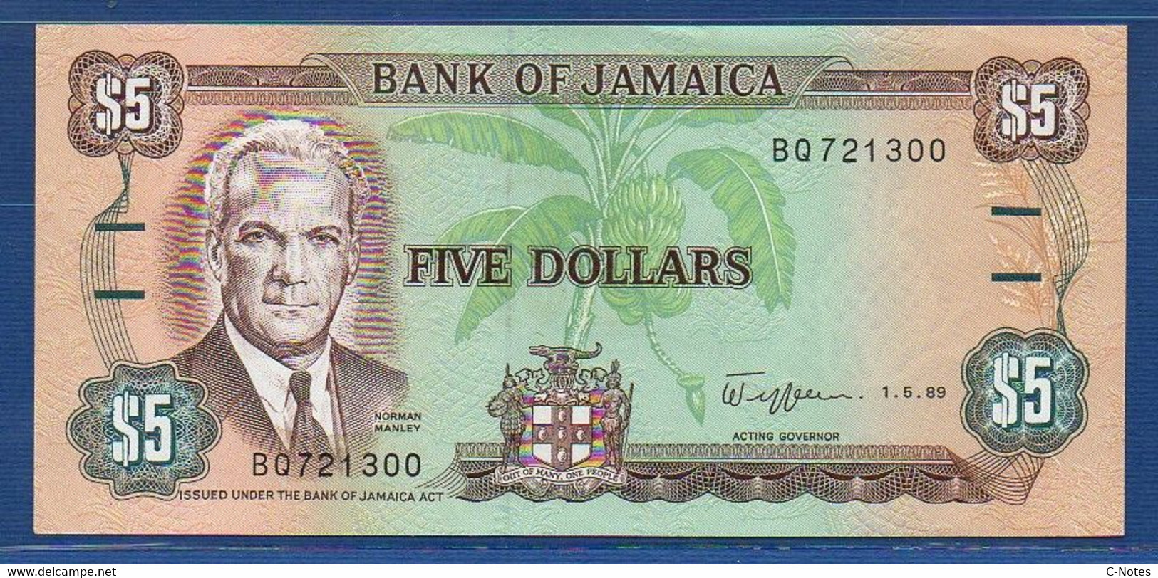 JAMAICA - P.70c – 5 Dollars 1989 AUNC Serie BQ721300 - Jamaique