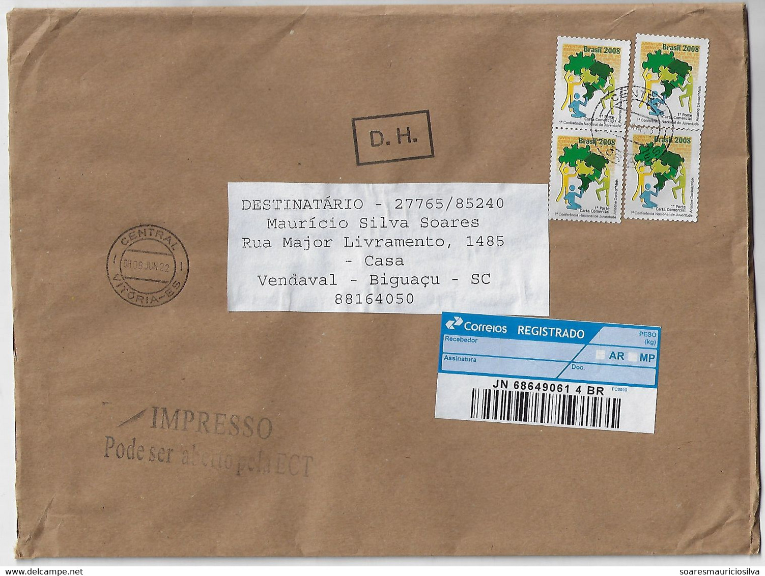 Brazil 2022 Registered Printed Matter Cover From Vitória To Biguaçu 4 Stamp Barcode Registration Label Blue With Logo - Lettres & Documents