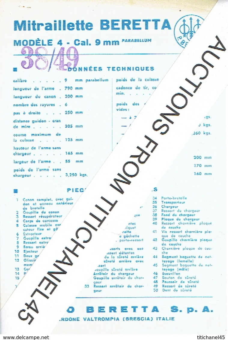 Dépliant en 3 volets + feuillet recto/verso mitraillette BERETTA modèle 38/49 cal. 9mm