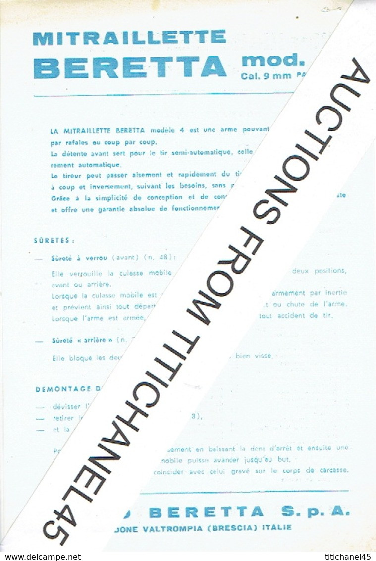 Dépliant en 3 volets + feuillet recto/verso mitraillette BERETTA modèle 38/49 cal. 9mm