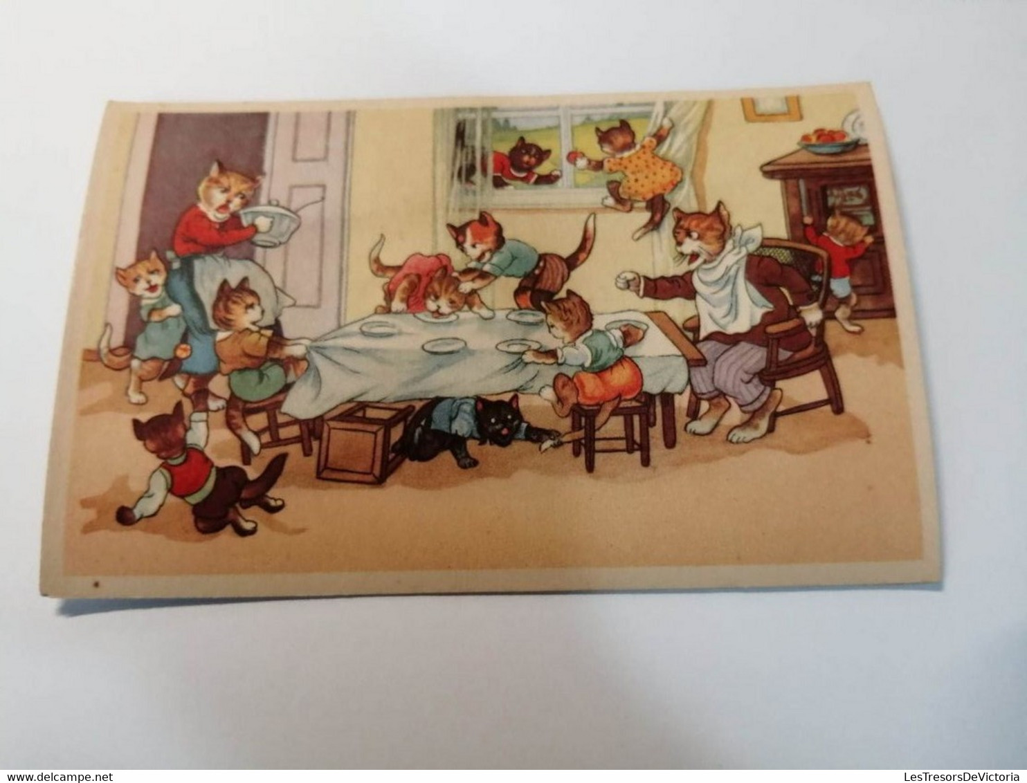 Carte Sonore - Pouet - Famille Chat à Table - Edit. Coloprint - Colorisé - Humour  - Carte Postale Ancienne - Met Mechanische Systemen