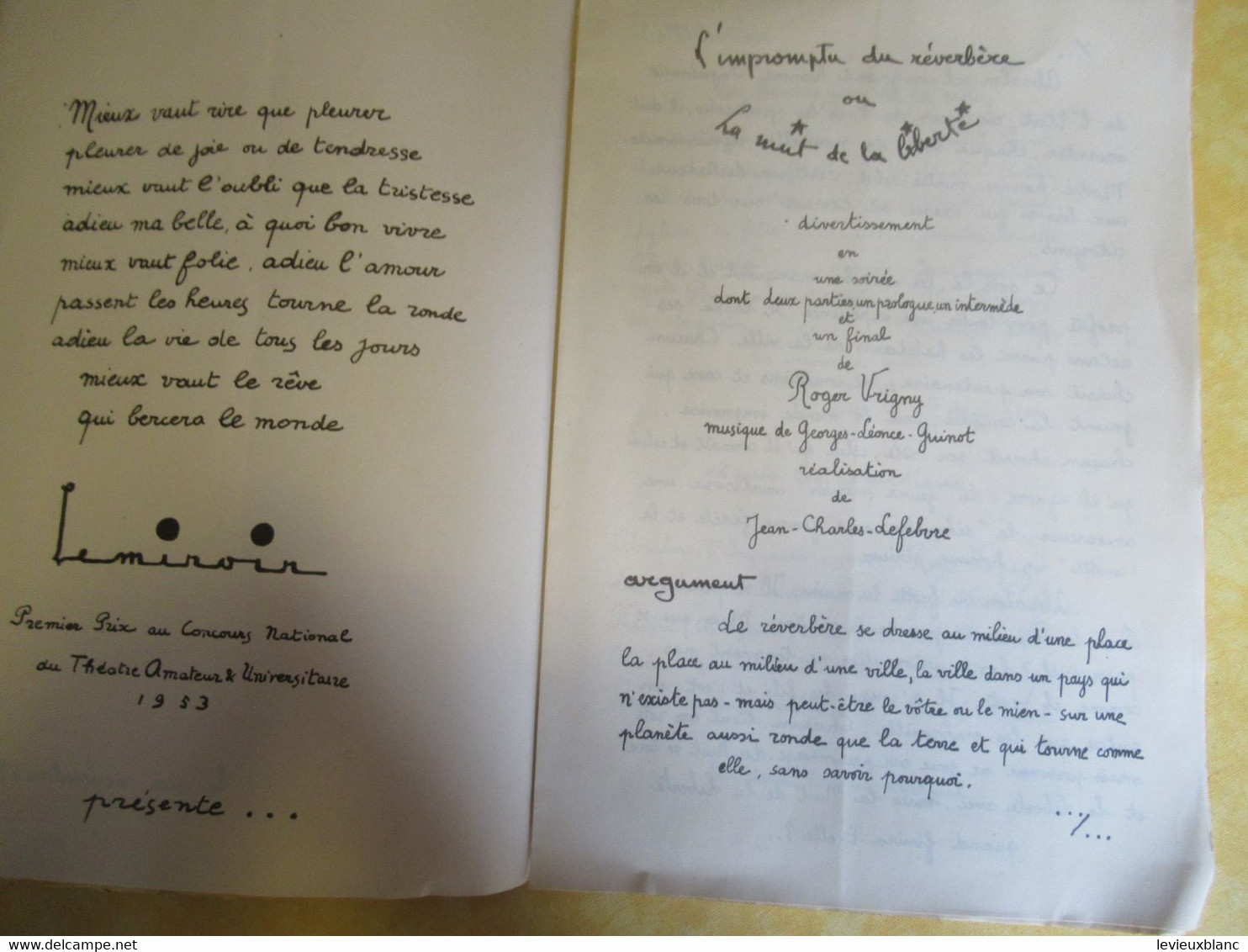 Théâtre Amateur & Universitaire/"L'Impromptu Du Réverbére Ou La Nuit De La Liberté"/Vrigny/1954          PROG319 - Programmi