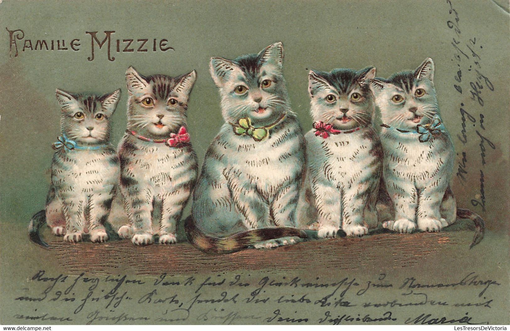 Animaux Déguisés - Chats Avec Un Noeud - Famille Mizzie - Relief - Précurseur - Dorure  - Carte Postale Ancienne - Dressed Animals