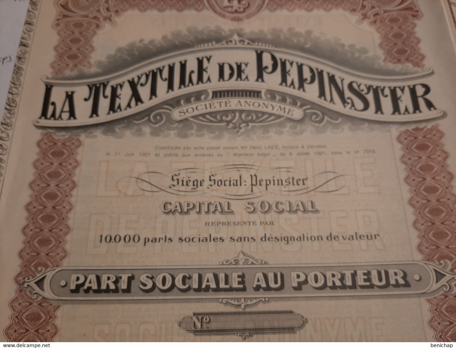 La Textile De Pepinster S.A. - Part Sociale Au Porteur - Pepinster 6 Juillet 1921. - Textile