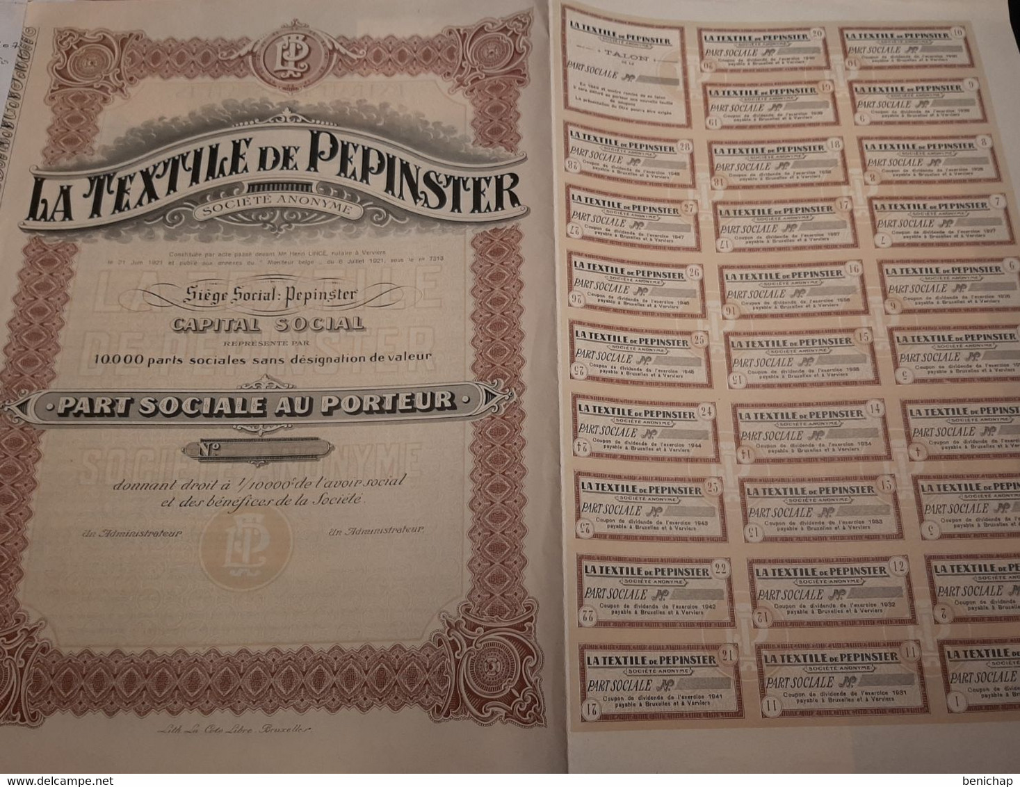 La Textile De Pepinster S.A. - Part Sociale Au Porteur - Pepinster 6 Juillet 1921. - Textile