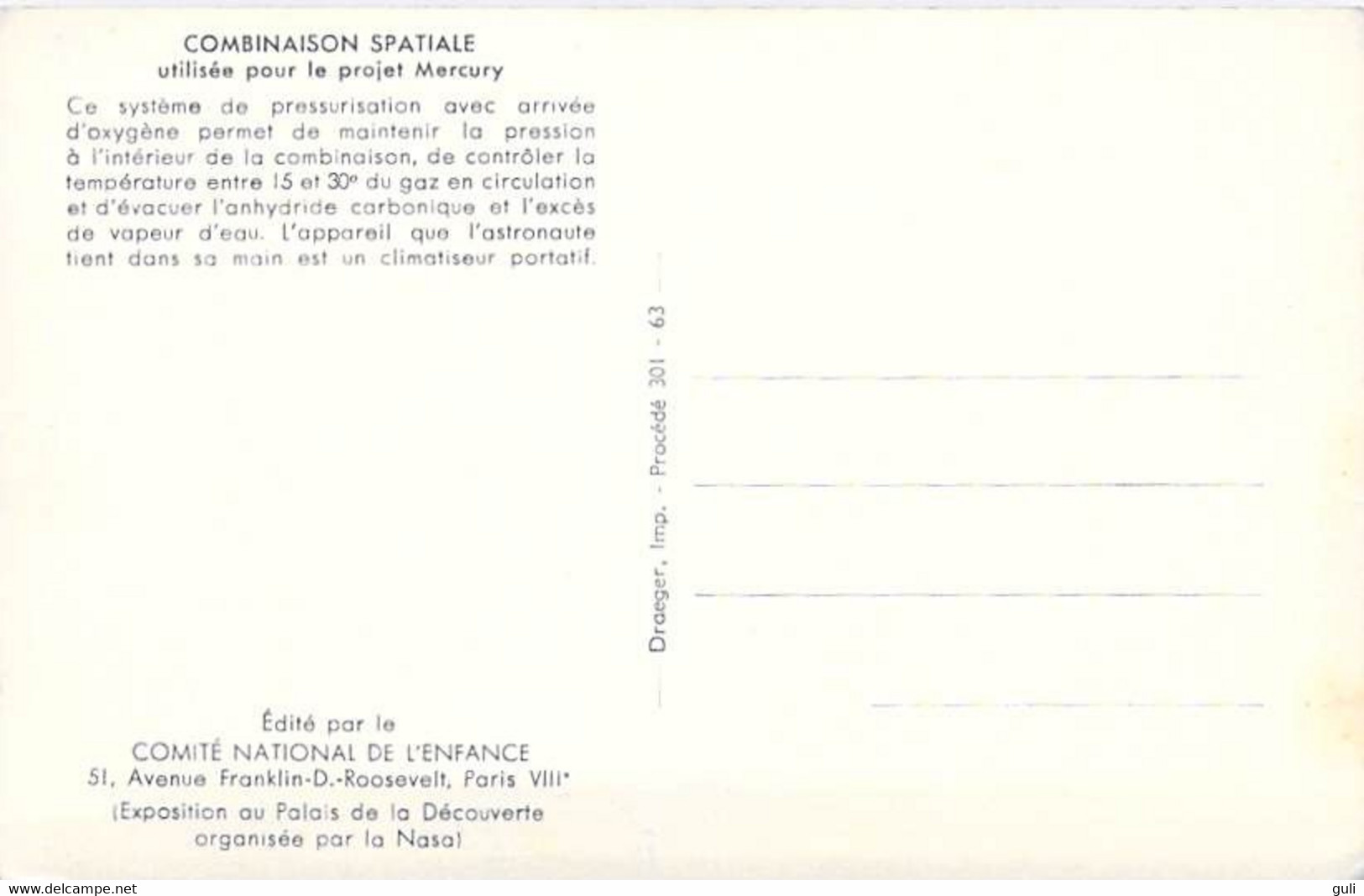 Aviation Espace COMBINAISON SPATIALE Utilisée Pour Le Projet Mercury (Comité National De L'Enfance/Draeger) - Ruimtevaart