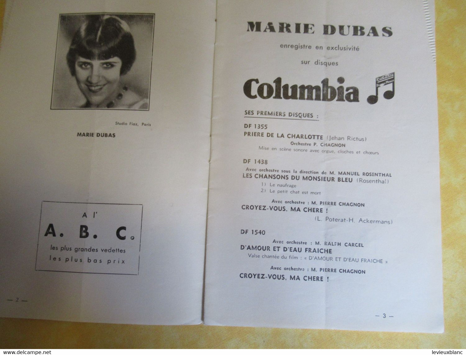 Programme Ancien/ABC/Théâtre Du Rire Et De La Chanson/Goldin/ Marie DUBAS/J Lumiére/J Marsac/1935            PROG320 - Programmi