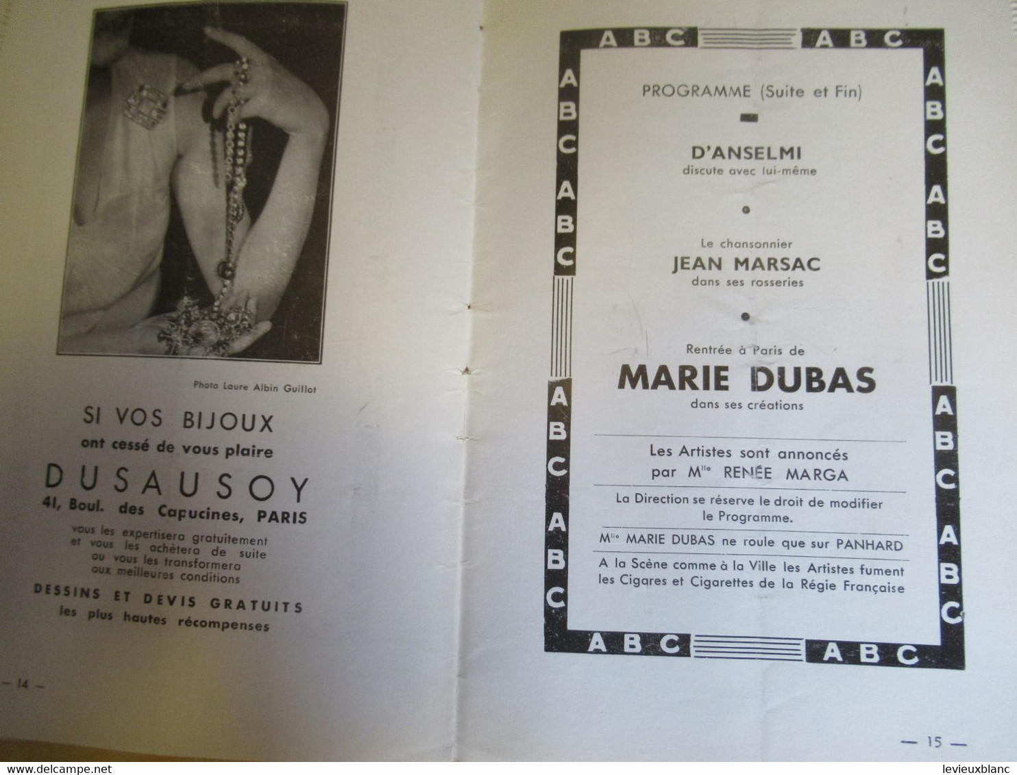 Programme ancien/ABC/Théâtre du Rire et de la Chanson/Goldin/ Marie DUBAS/J Lumiére/J Marsac/1935            PROG320