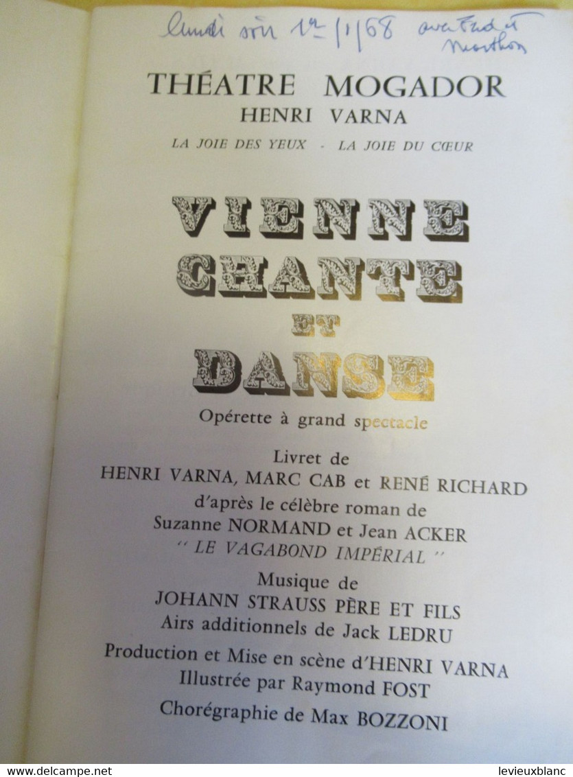 Programme Ancien/Théâtre MOGADOR/Henri VARNA/Vienne Chante Et Danse/Opérette/1968            PROG321 - Programmi