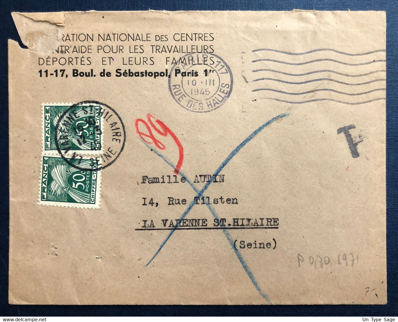 France Taxe Sur Enveloppe De Paris 10.3.1945 Pour La Varenne St Hilaire - (B4491) - 1859-1959 Lettres & Documents