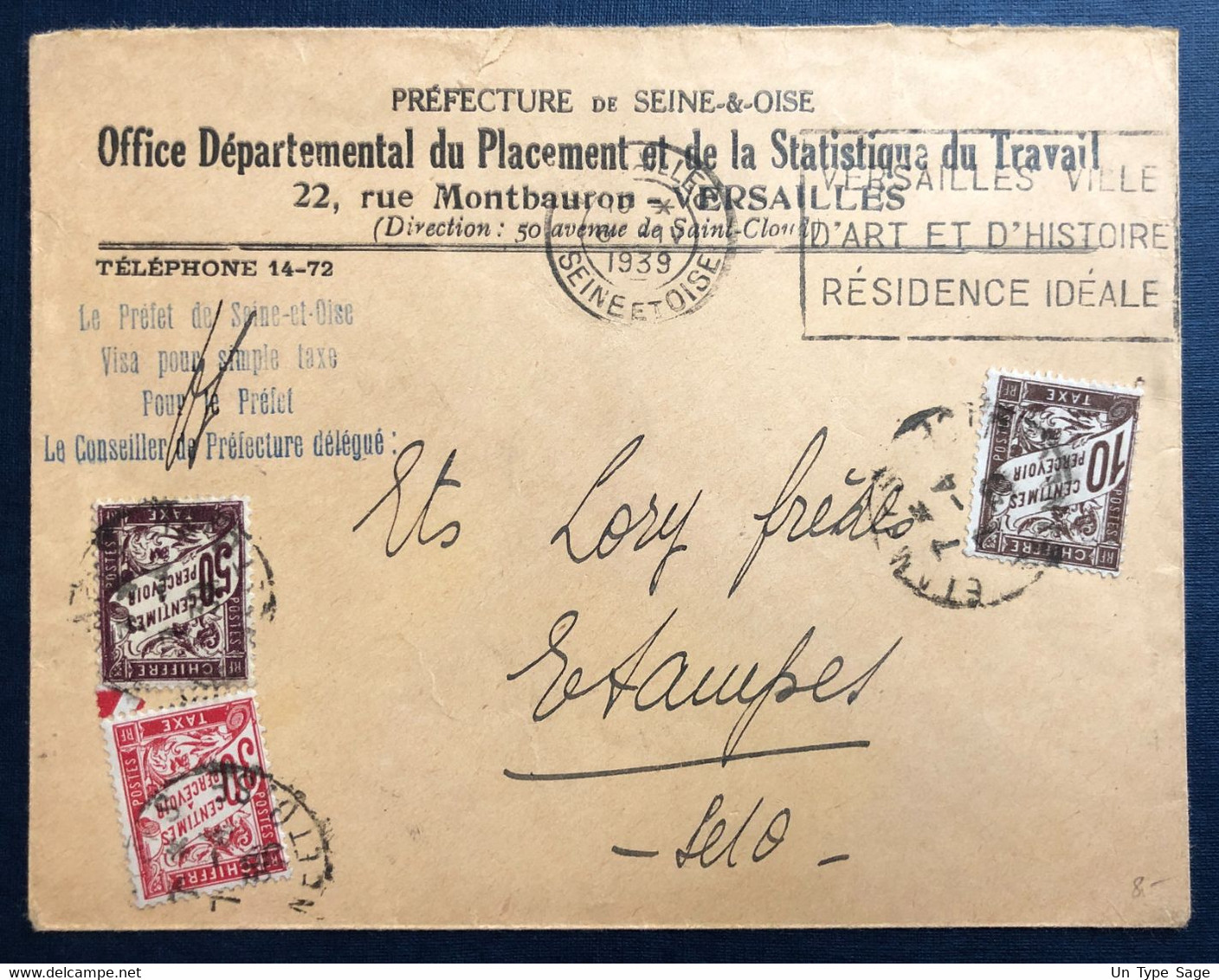 France Taxe Sur Enveloppe De Versailles 6.4.1939 - (B4493) - 1859-1959 Lettres & Documents