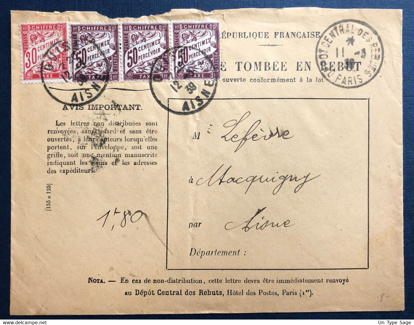 France Taxe Sur Enveloppe TAD DEPPOT CENTRAL DES REBUTS / PARIS 11.3.1939 - (B4498) - 1859-1959 Covers & Documents