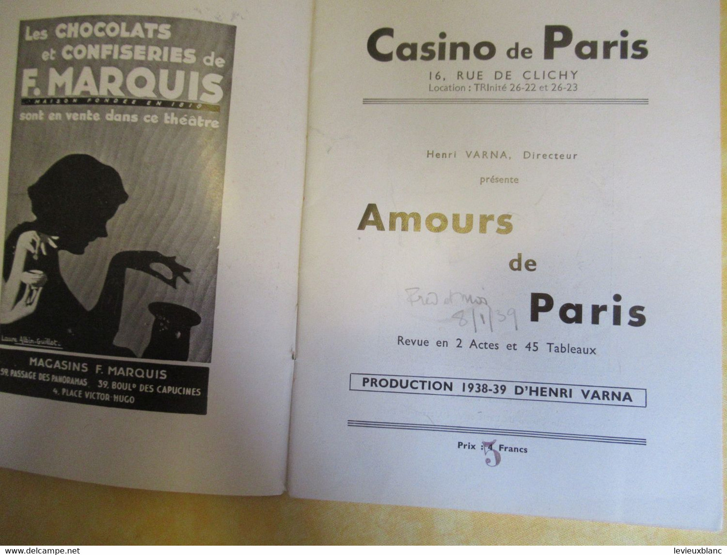 Programme Ancien/Casino De PARIS/Henri VARNA/ AMOURS De PARIS/Revue/Maurice Chevalier/Juvaquatre Renault/1939   PROG322 - Programmi